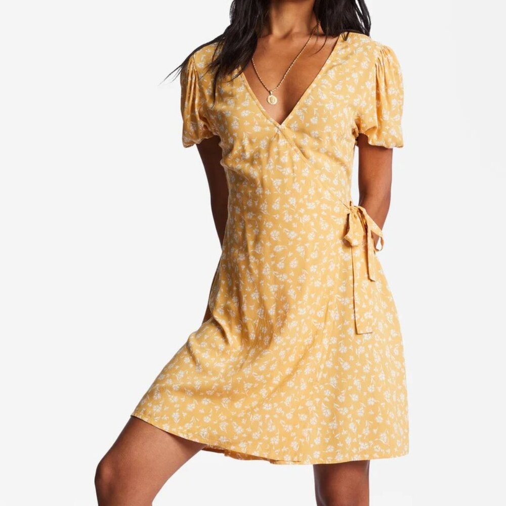 New Billabong Hot Tropics Puff Sleeves V-Neck Yellow Mini Wrap Sundress P4971